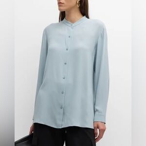 Eileen Fisher Blue 100% Silk Georgette Crepe Mandarin Collar Shirt Size 1X